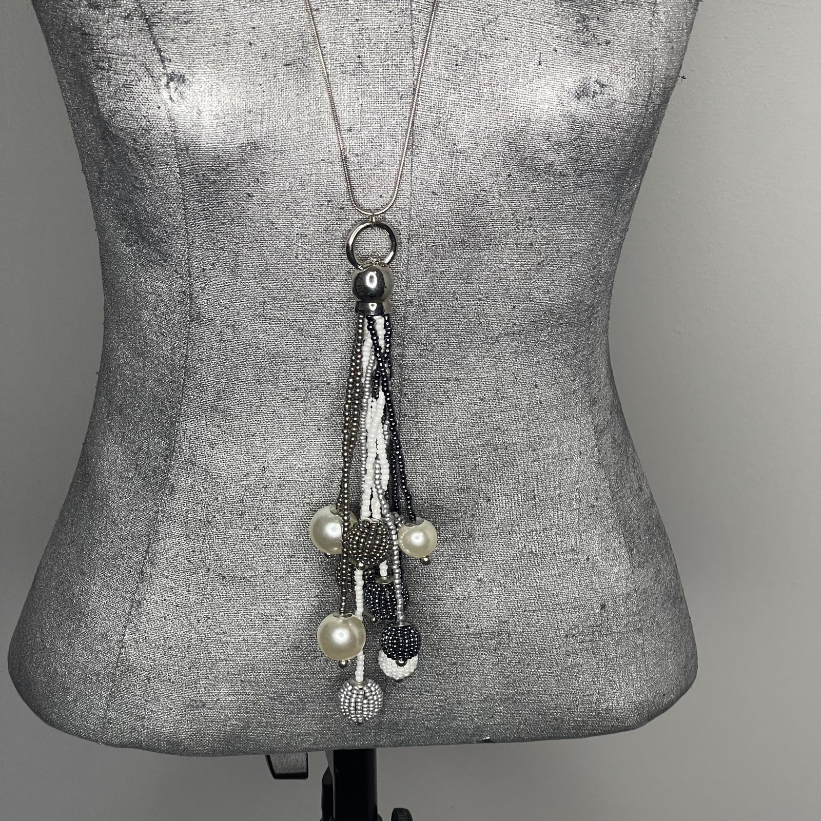 Jules B Necklace Jewelry Silver Tone Long Chain Link W Micro Bead Tassel Pendant
